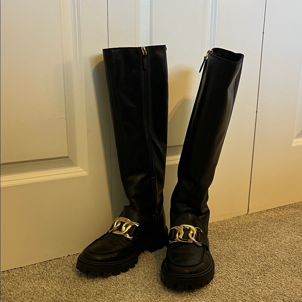 Tod's Catena Black Knee High Leather Boots with Gold Chain Lug Sole Size 39